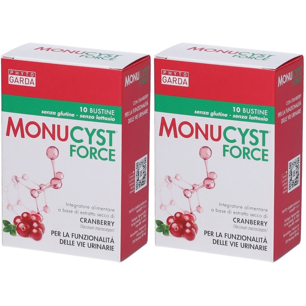 Deux boîtes de Monucyst Force. Emballage rouge et blanc avec nom du produit et illustration de canneberges. Contient 10 sachets.