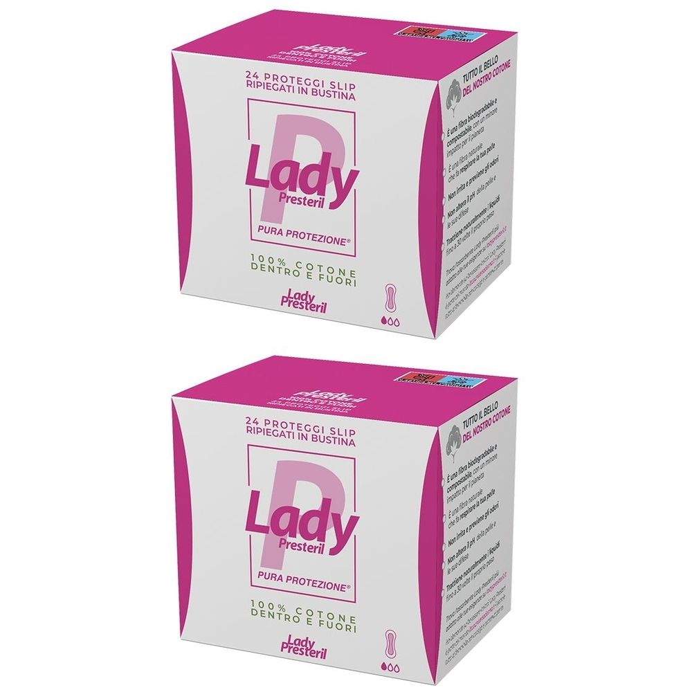Deux boîtes avec des accents roses. Inscription: Lady Presteril, 24 protège-slips. 100% coton. Protection pliée.