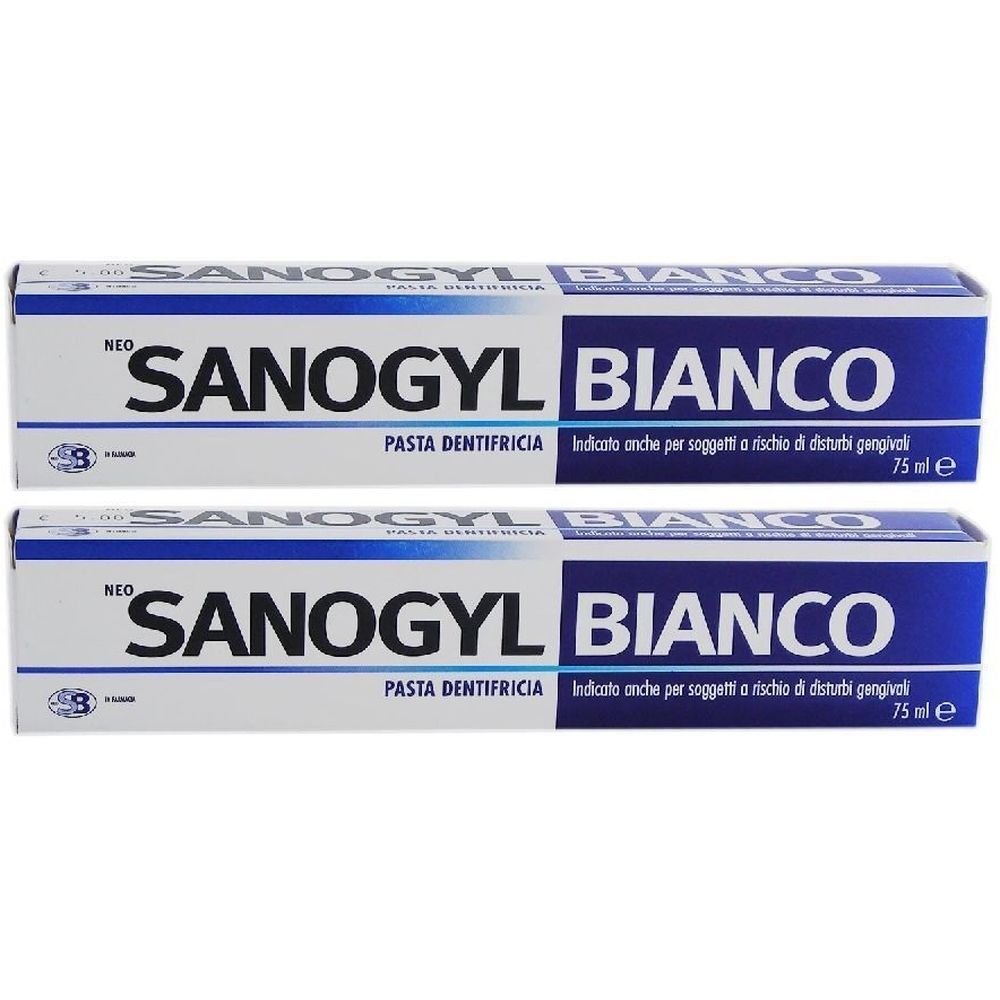Deux boîtes de dentifrice. Inscription: Neo Sanogyl Bianco, Pasta Dentifricia. Emballage bleu et blanc. 75 ml.
