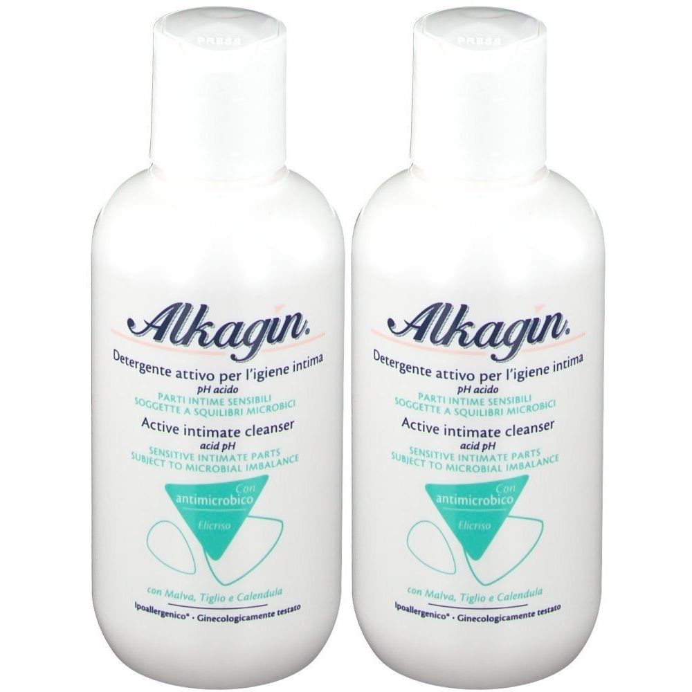 Zwei weiße Flaschen mit dem Produktnamen Alkagin. Aufschrift: Detergente attivo per l'igiene intima, Active intimate cleanser.