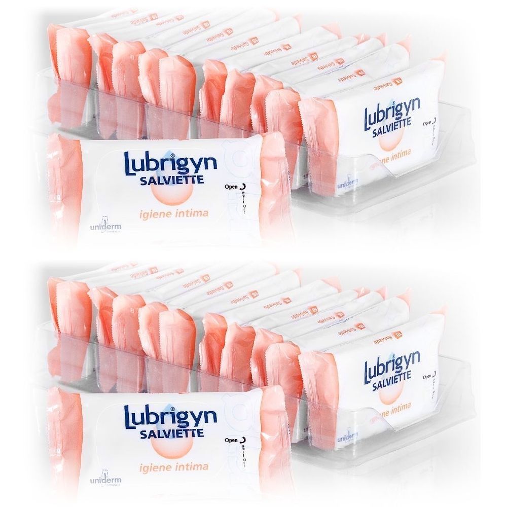 Paquet de lingettes Lubrigyn. Emballage blanc avec accents roses. Texte: Lubrigyn SALVIETTE, igiene intima.