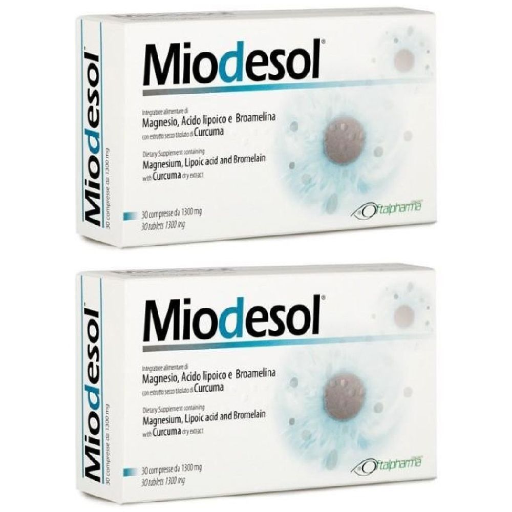 Deux boîtes de Miodesol. Inscription sur chaque boîte : Magnésium, acide lipoïque et bromélaïne. 30 comprimés.