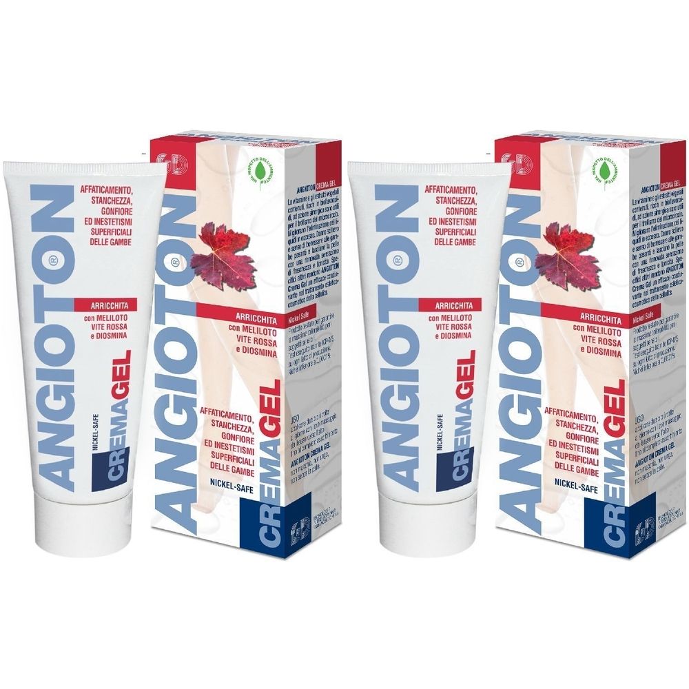 Zwei Tuben und zwei Kartons Angioton Crema Gel. Weiße Tuben mit blauem Schriftzug. Rote Blätter auf den Kartons.