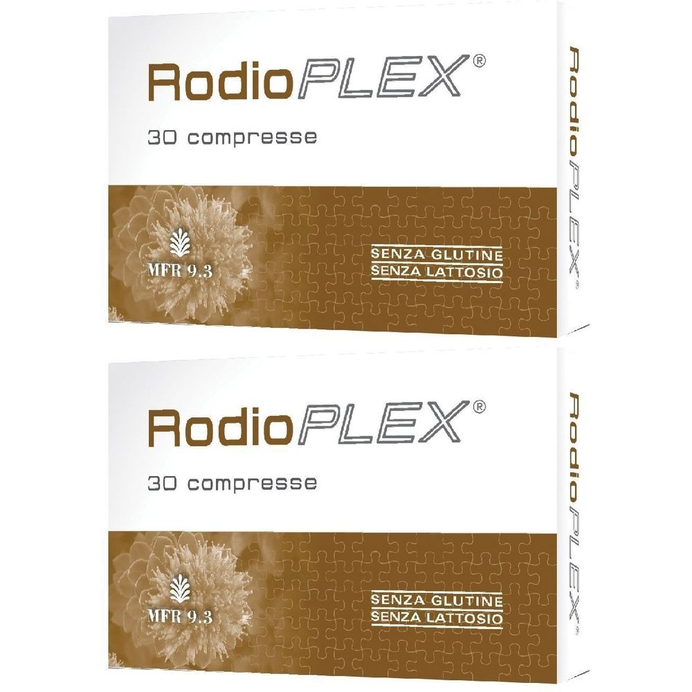 Zwei Schachteln RodioPLEX. Aufschrift: 30 compresse, SENZA GLUTINE, SENZA LATTOSIO. Logo MFR 9.3. Markenname RodioPLEX.