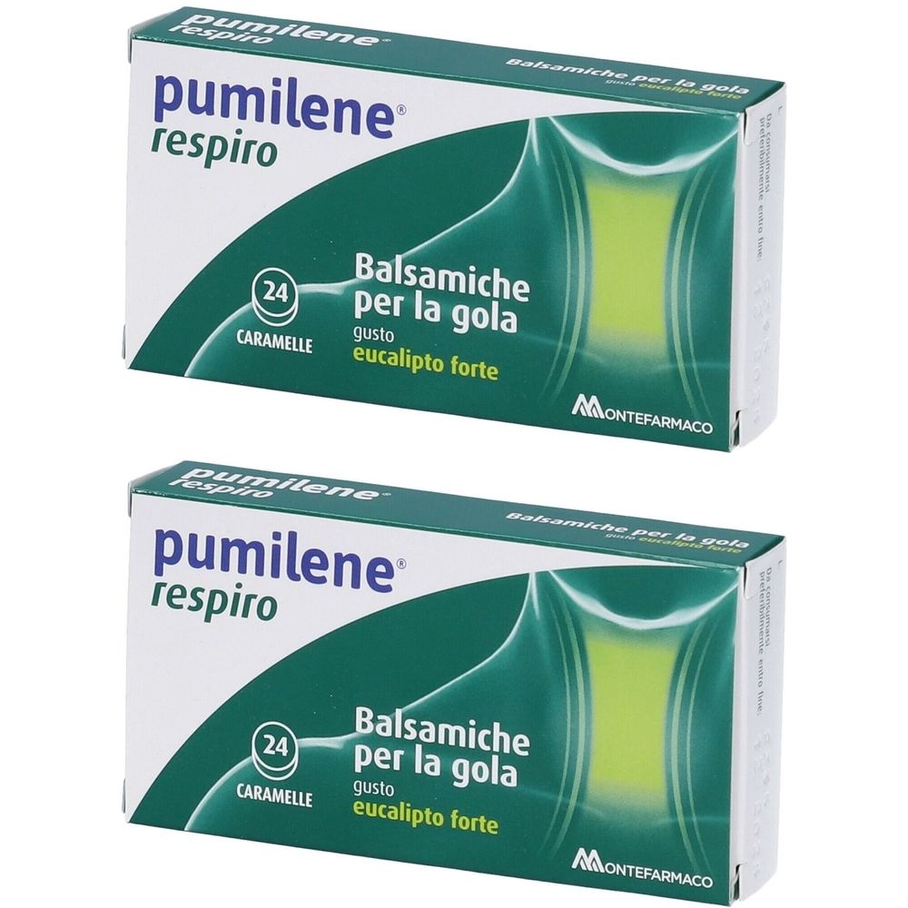 Zwei Schachteln mit "Pumilene Respiro"-Bonbons. Text: Balsamiche per la gola, gusto eucalipto forte. Marke: Montefarmaco.