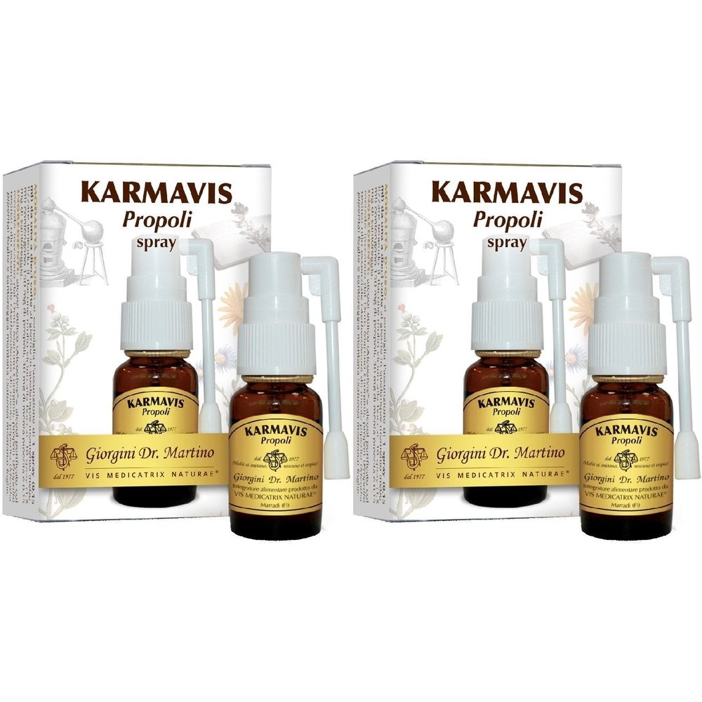 Zwei Packungen Karmavis Propoli Spray. Jede Packung enthält eine braune Flasche mit Sprühkopf und eine separate Sprühdüse.