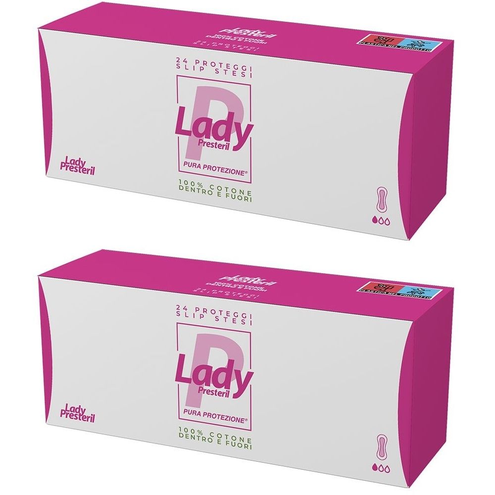 Deux boîtes rectangulaires. Inscription: Lady Presteril, Pura Protezione, 100% Cotone. Emballage rose et blanc.