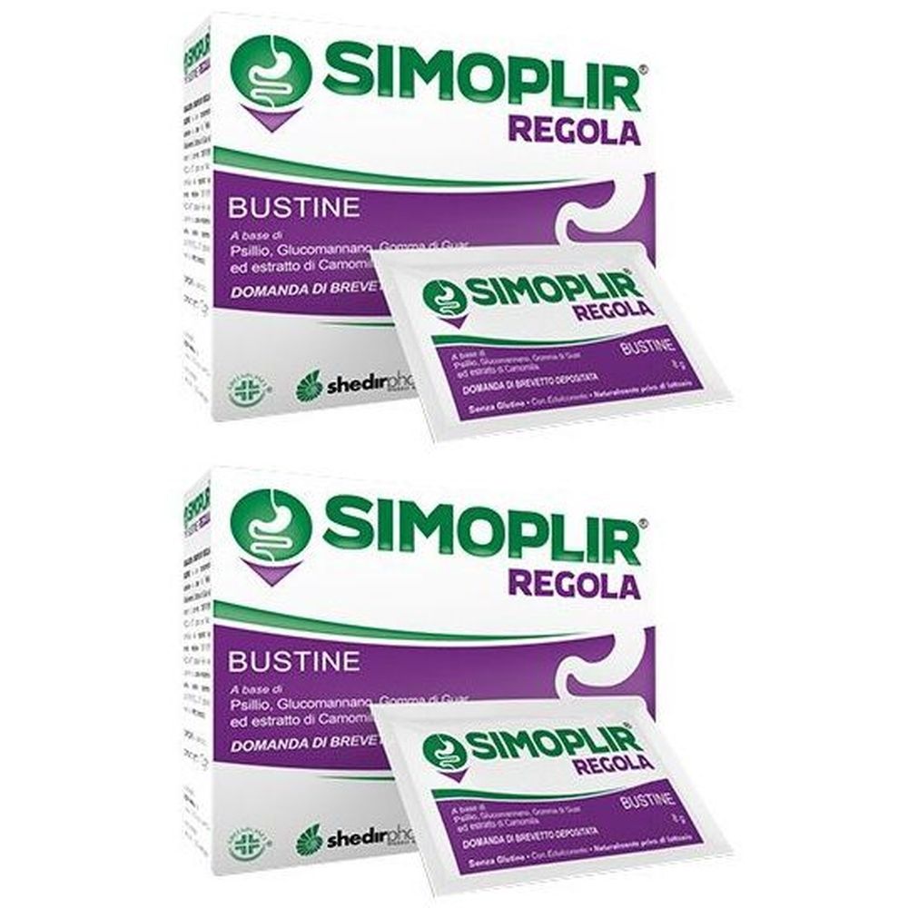 Deux boîtes de Simoplir Regola. Chaque boîte contient une boîte et un sachet individuel. Inscriptions : Simoplir, Regola, Bustine.