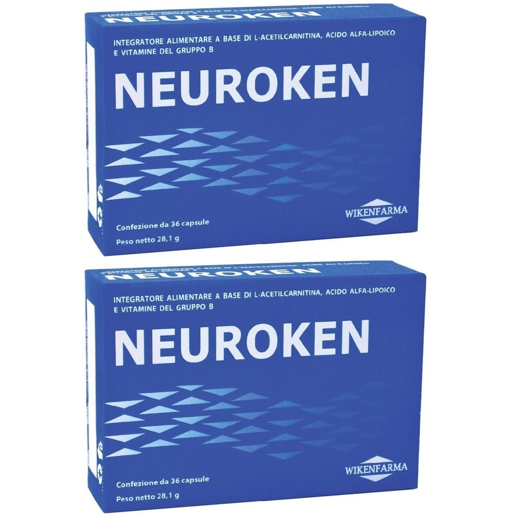 Deux boîtes bleues "NEUROKEN". Texte: "Integratore alimentare..." et "WIKENFARMA". Chaque boîte indique "Confezione da 36 capsule" et "Peso netto 28.1 g".