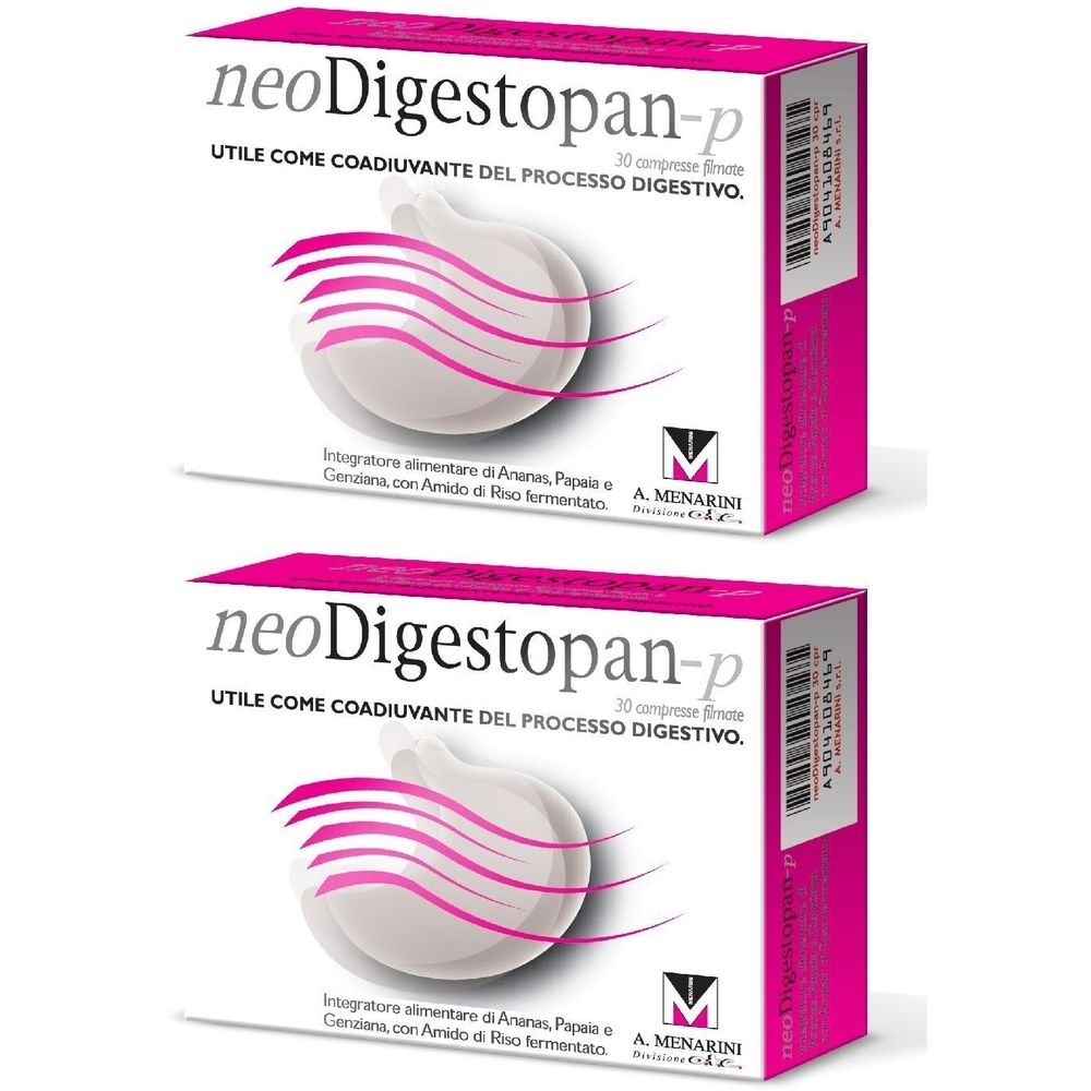 Deux boîtes de "neoDigestopan-p". Emballage rose et blanc avec informations sur le produit et logo.