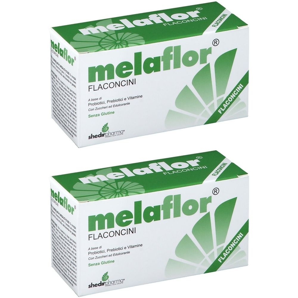 Deux boîtes de Melaflor Flaconcini. Emballage blanc avec logo et texte vert. Contient des probiotiques, prébiotiques et vitamines.