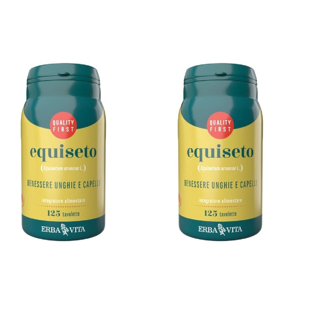 Zwei Flaschen ERBA VITA Equiseto. Gelbe Etiketten mit grünen Deckeln. Aufschrift: Equiseto, 125 Tabletten. Qualitätszeichen.