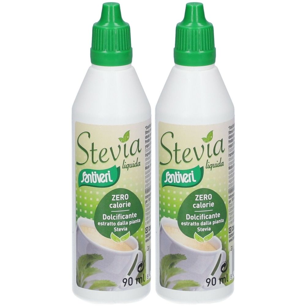 Zwei weiße Flaschen mit grünen Deckeln. Aufschrift "Stevia" und "Santiveri". Enthält "Zero calorie".