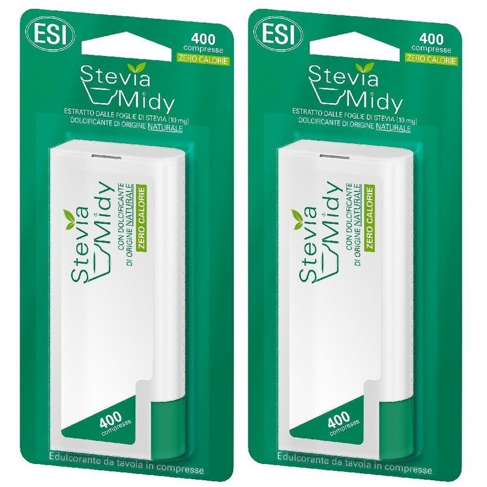 Deux boîtes de Stevia Midy. Chaque boîte contient 400 comprimés. Emballage vert et blanc avec nom et logo.