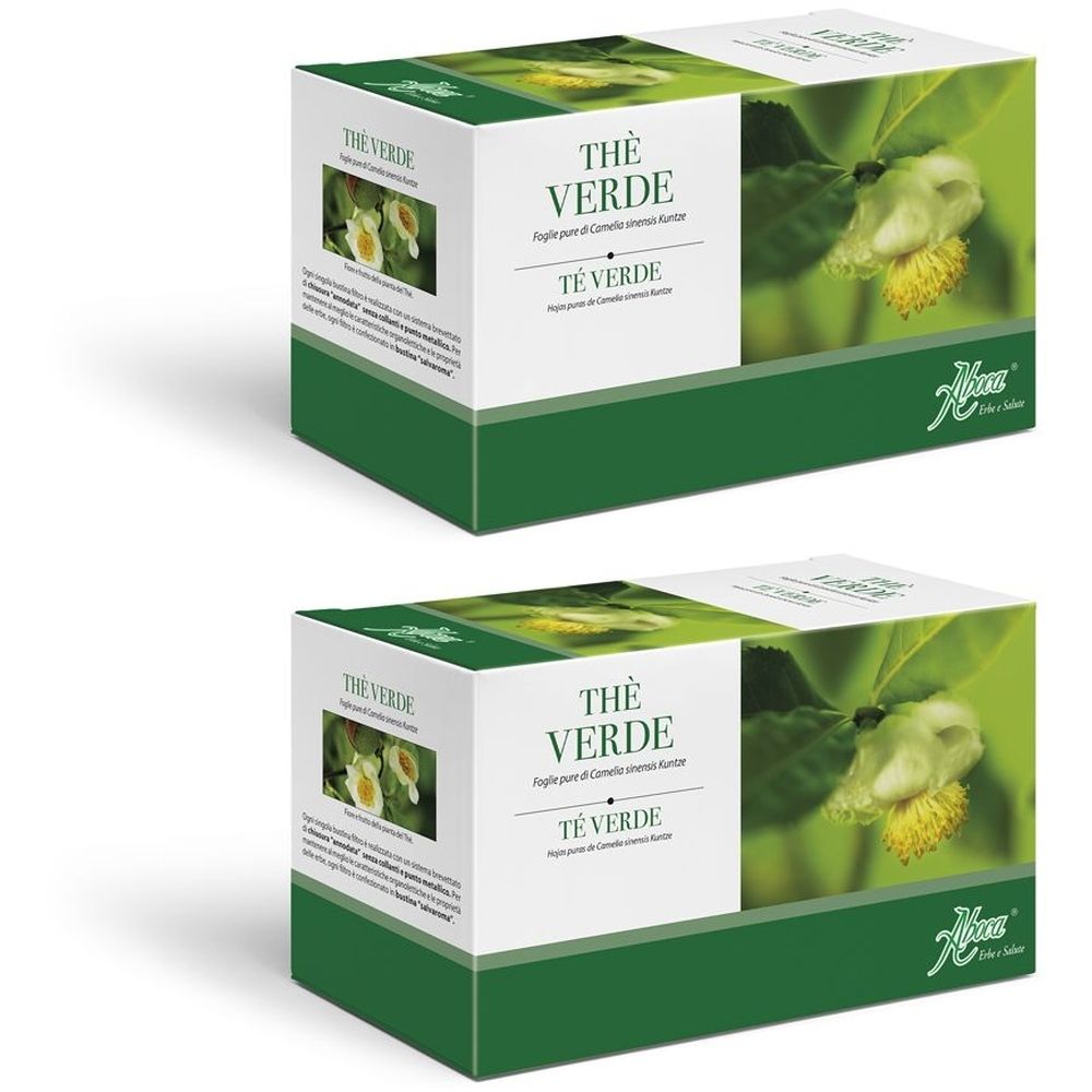 Zwei grüne und weiße Kartons mit der Aufschrift „Thè Verde“. Aboca-Logo unten rechts.