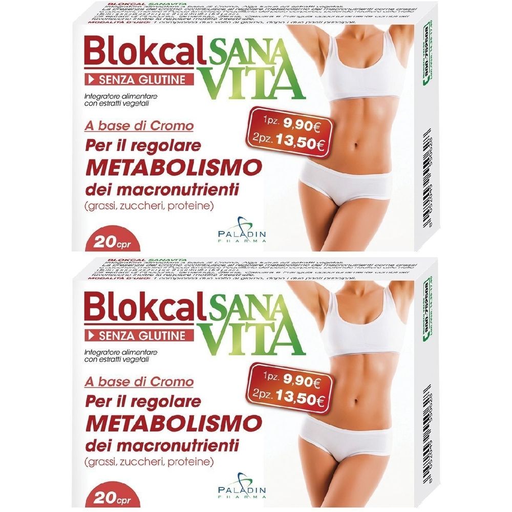 Deux boîtes SANAVITA Blokcal. Inscription: SENZA GLUTINE, METABOLISMO. Étiquette de prix. Image d'une femme.