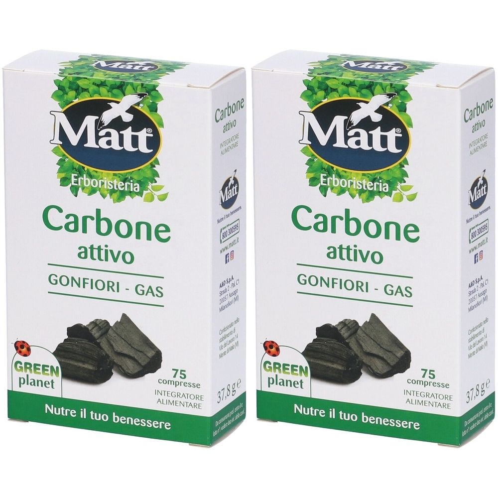 Deux boîtes blanches avec impression de produit. Inscription : Matt, Carbone attivo, 75 comprimés, 37.8g. Emballage vert et blanc.