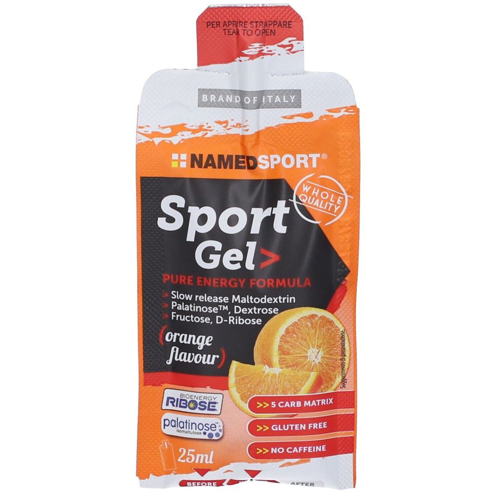 Sachet de gel sportif. Gel orange avec l'inscription "Sport Gel" et "orange flavour". Contient 25ml. Marque : NAMEDSPORT.