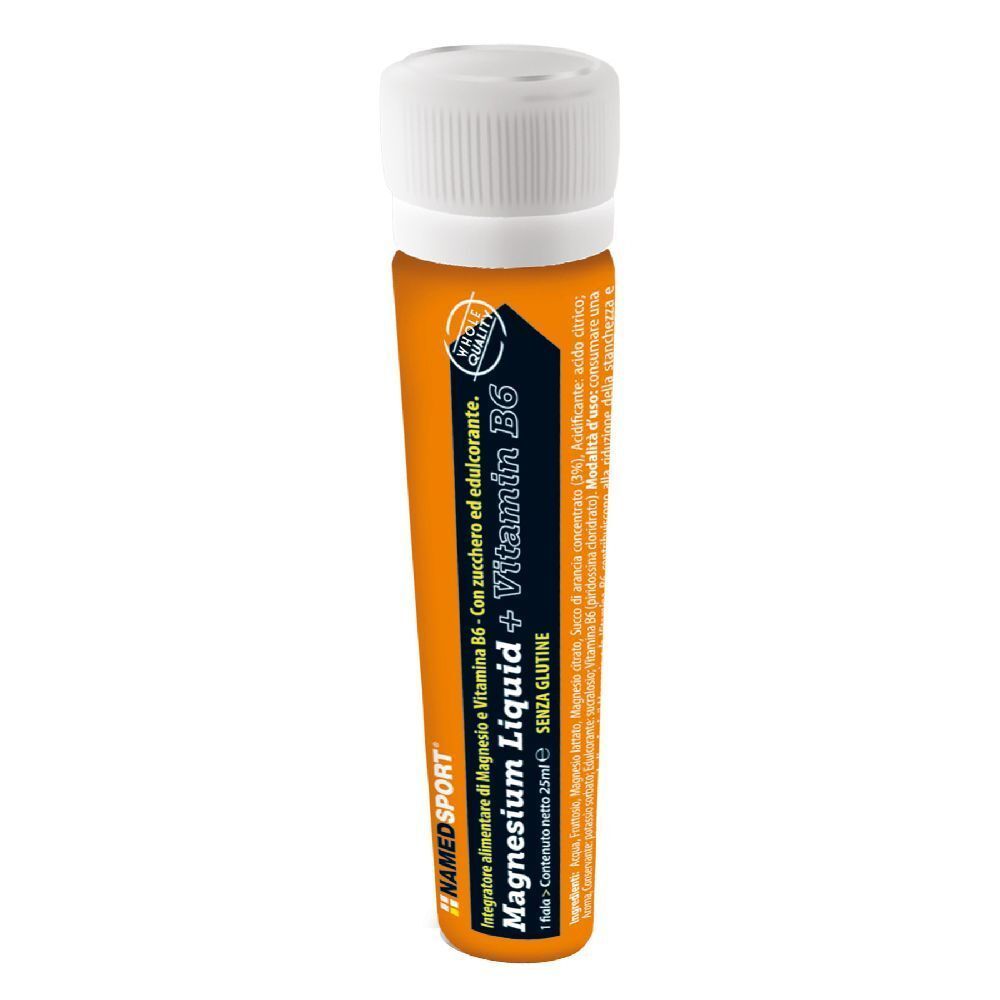 Flacon orange avec bouchon blanc. Inscription: Magnesium Liquid + Vitamin B6. Marque: NAMEDSPORT. Sans gluten.