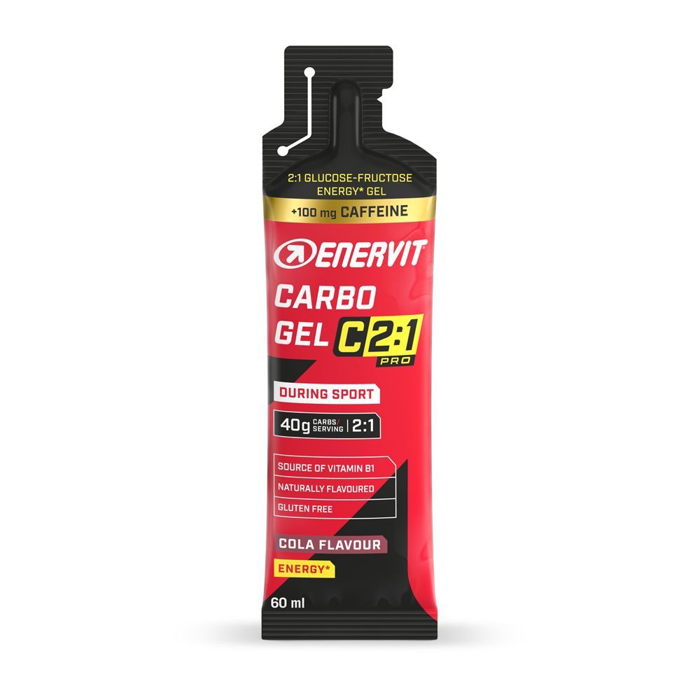 Sachet rouge ENERVIT Carbo Gel C2:1 Pro. Contient de la caféine. Goût cola. 60 ml.