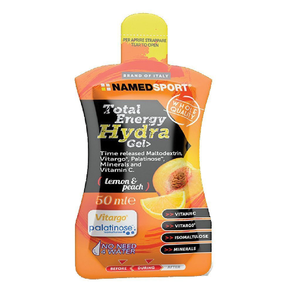 Gelpackung mit NAMEDSPORT-Logo. Aufschrift: Total Energy Hydra Gel, Zitrone & Pfirsich. Enthält Vitargo, Palatinose, Mineralien und Vitamin C.