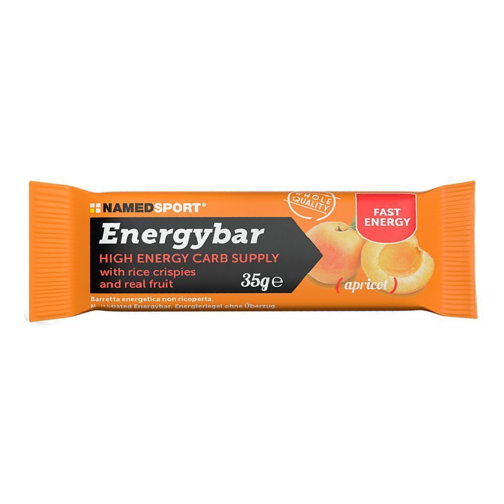 Emballage de barre énergétique orange. Inscription : NAMEDSPORT Energybar, 35g, avec riz soufflé et vrais fruits. Illustration : abricot.