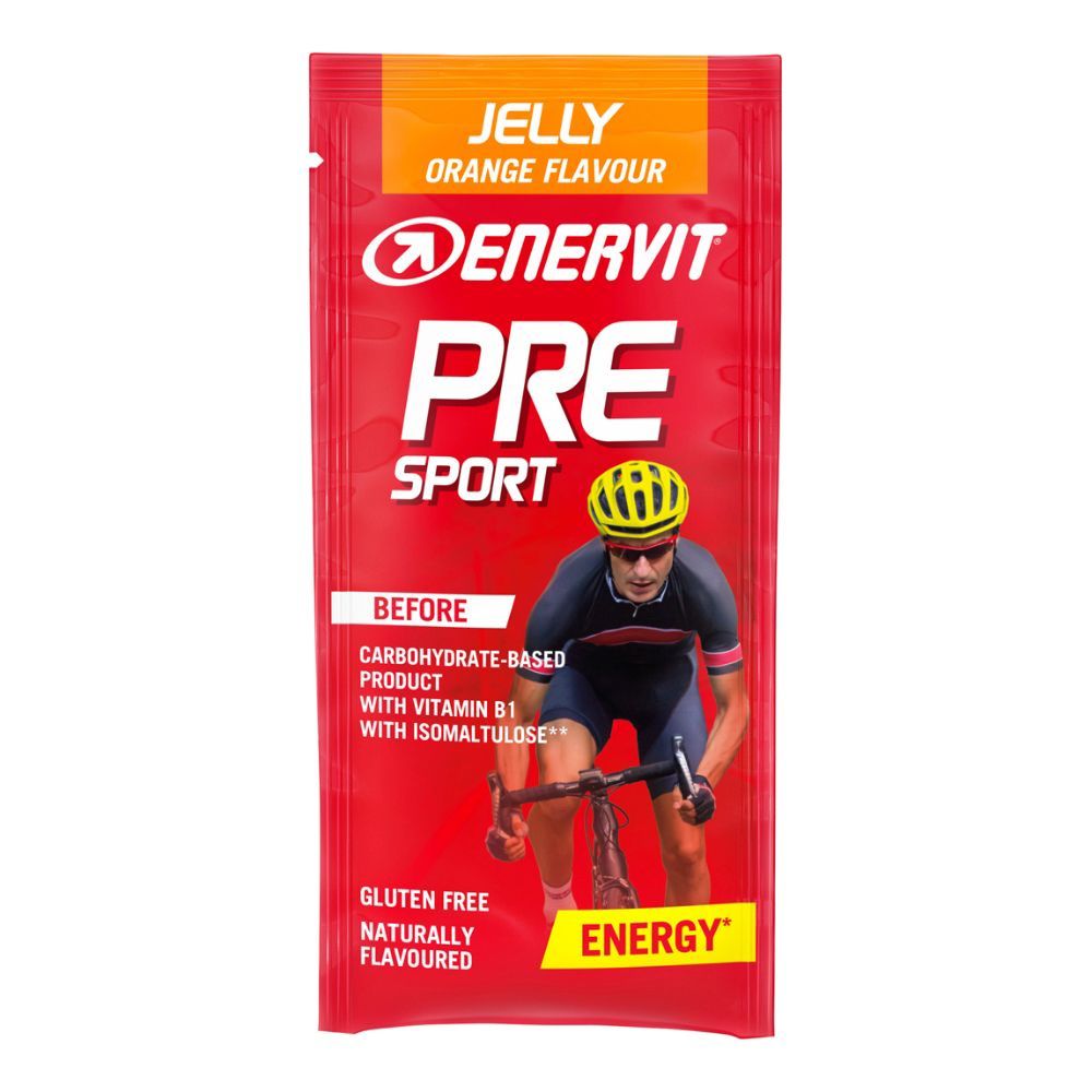 Rote Verpackung mit ENERVIT PRE SPORT. Enthält Kohlenhydrate, Vitamin B1 und Isomaltulose. Glutenfrei, natürliches Aroma.