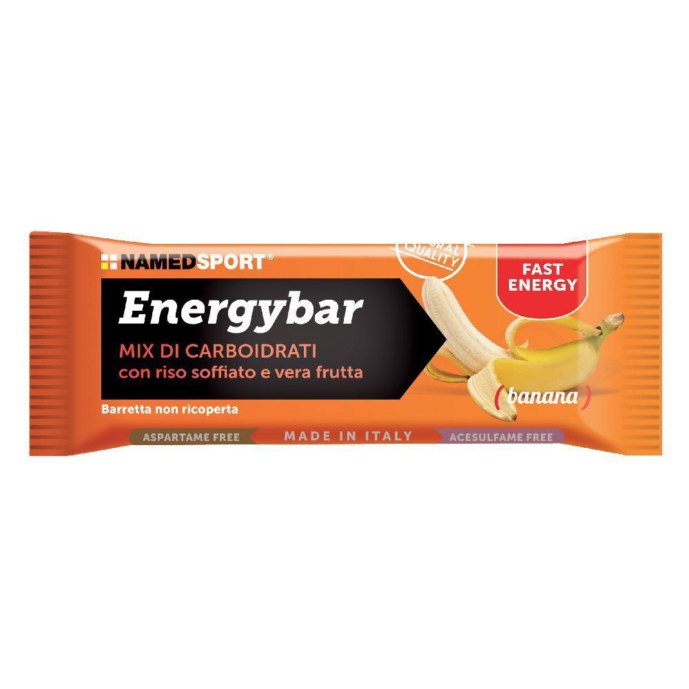 Energieriegel mit Bananengeschmack. Orangefarbene Verpackung mit Produktnamen und Bananenabbildung. Enthält Reis und echte Früchte.