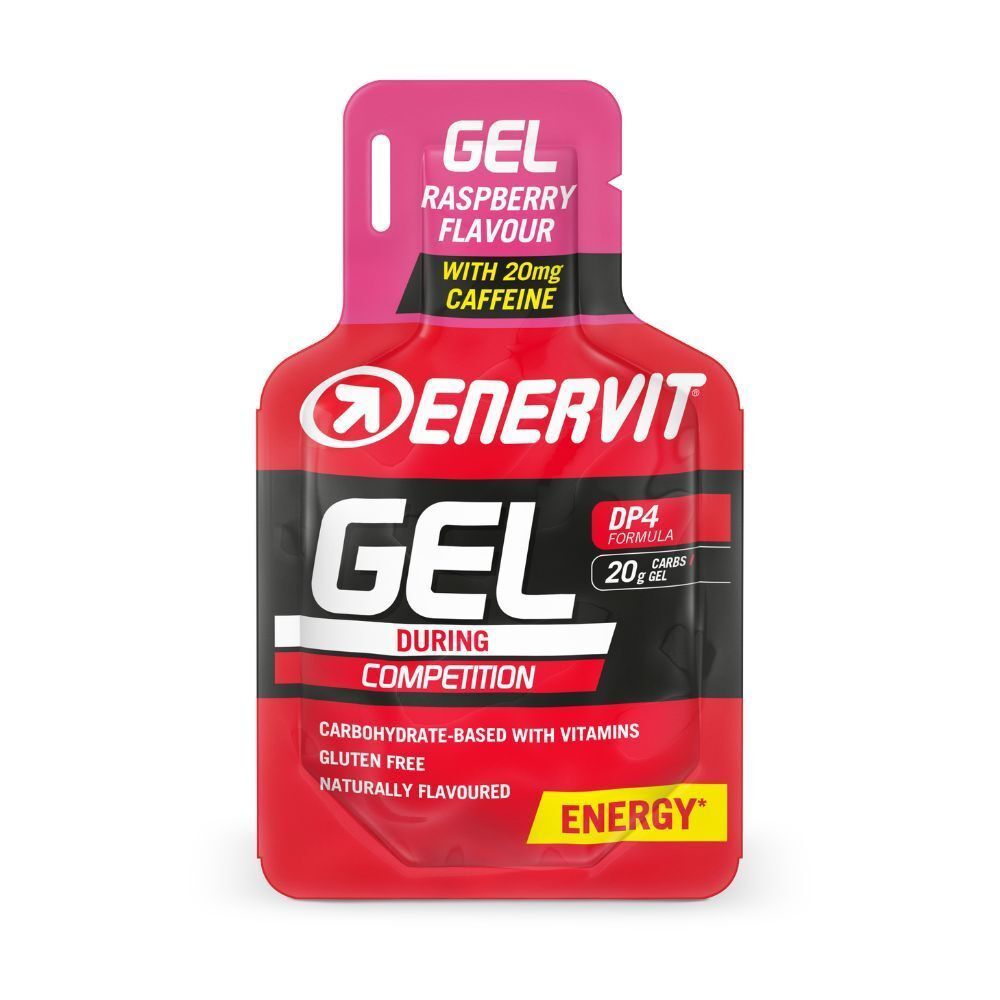 Rote Gel-Packung mit rosa Oberteil. Aufschrift: ENERVIT GEL, Himbeergeschmack, mit Koffein. Für Wettkämpfe. Glutenfrei, kohlenhydratbasiert.