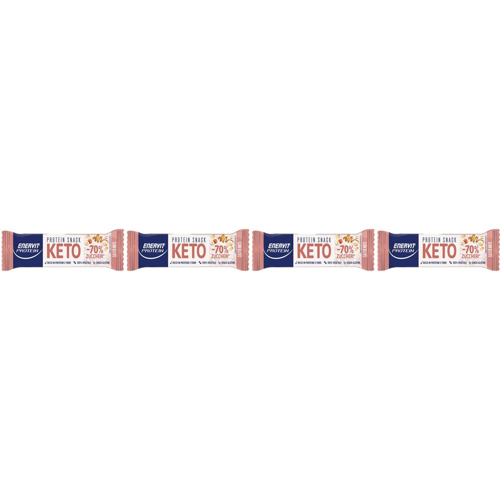 Quatre barres protéinées. Emballage bleu et rose. Inscription: KETO, Protein Snack, -70% de sucre.