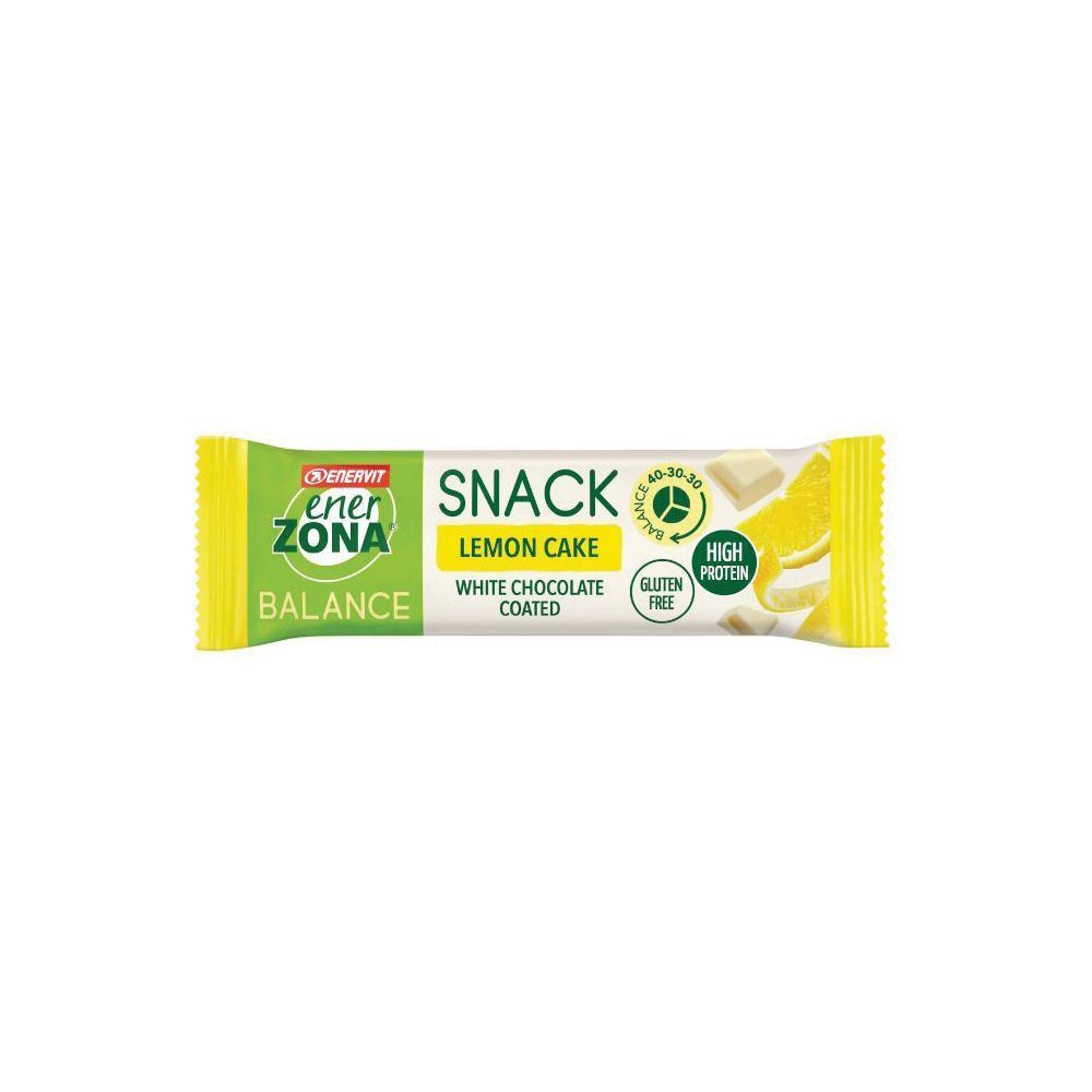 Riegel mit gelber und weißer Verpackung. Aufschrift: ENERVIT EnerZona Snack Lemon Cake, glutenfrei, High Protein.