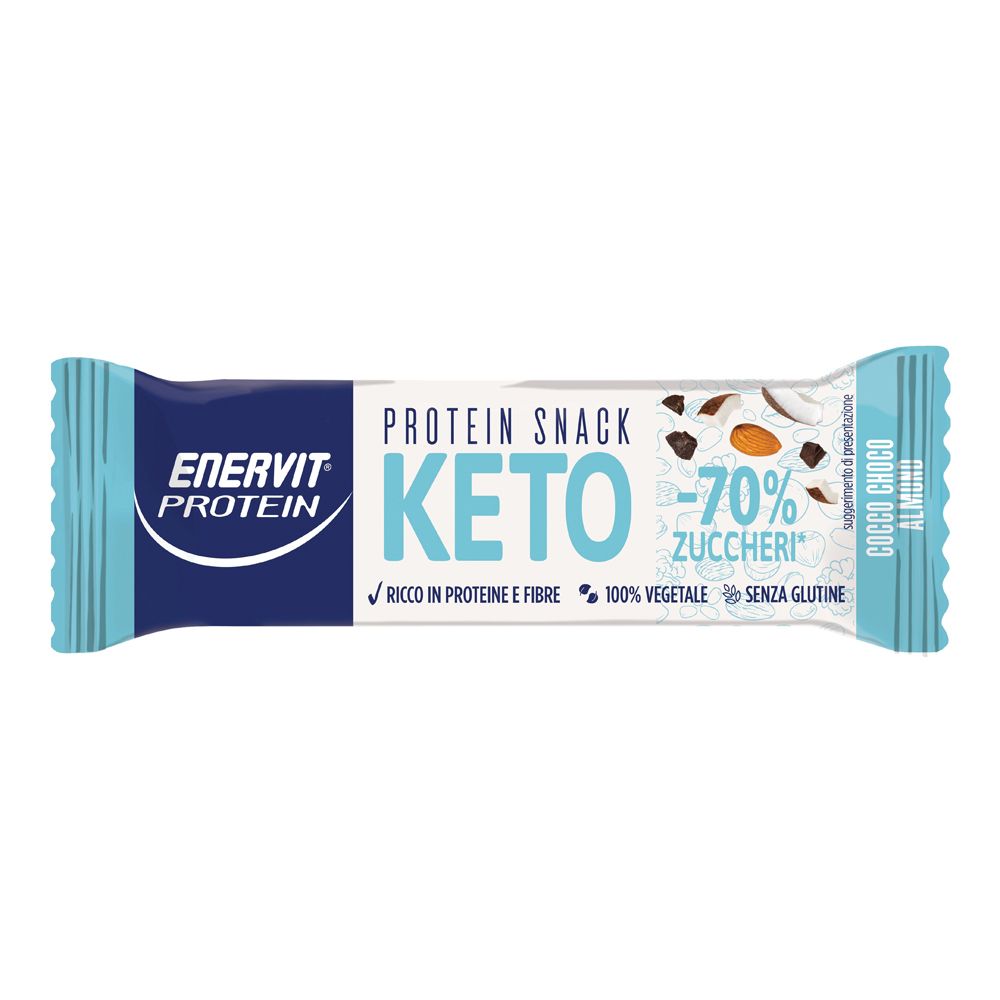 Barre protéinée KETO. Ingrédients : noix de coco, chocolat, amandes. Inscription : -70% de sucres, riche en protéines et fibres, 100% végétal, sans gluten. Emballage bleu et blanc.