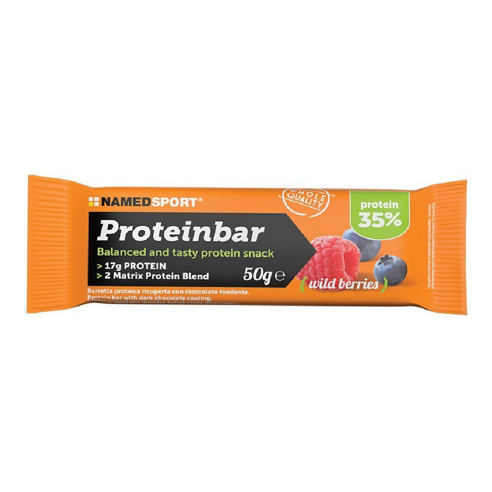Barre protéinée saveur fruits des bois. Emballage orange avec nom du produit et informations nutritionnelles. Contient 35% de protéines.