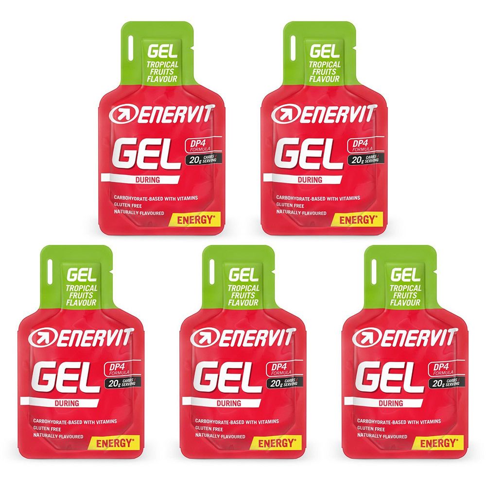 Fünf Beutel ENERVIT Gel. Rote Verpackung mit grünem Verschluss. Aufschrift: Gel, Tropical Fruits Flavour, DP4, Energy.