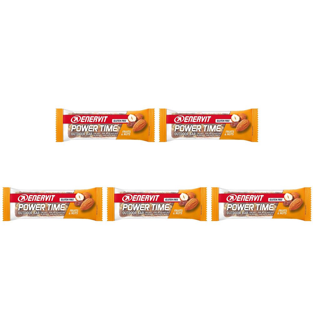 Cinq barres emballées. Inscription : ENERVIT POWER TIME. Amandes et noisettes illustrées. Sans gluten.