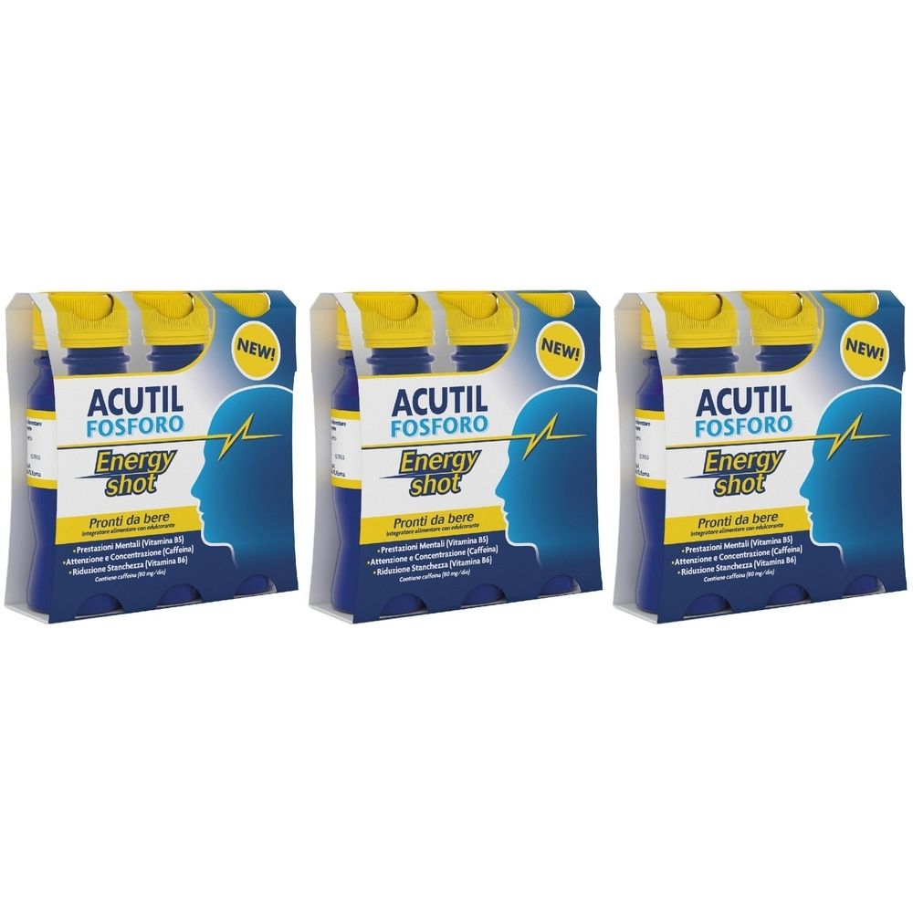 Trois packs de ACUTIL FOSFORO Energy Shot. Chaque pack contient plusieurs flacons. Emballage bleu et jaune avec nom et logo du produit.