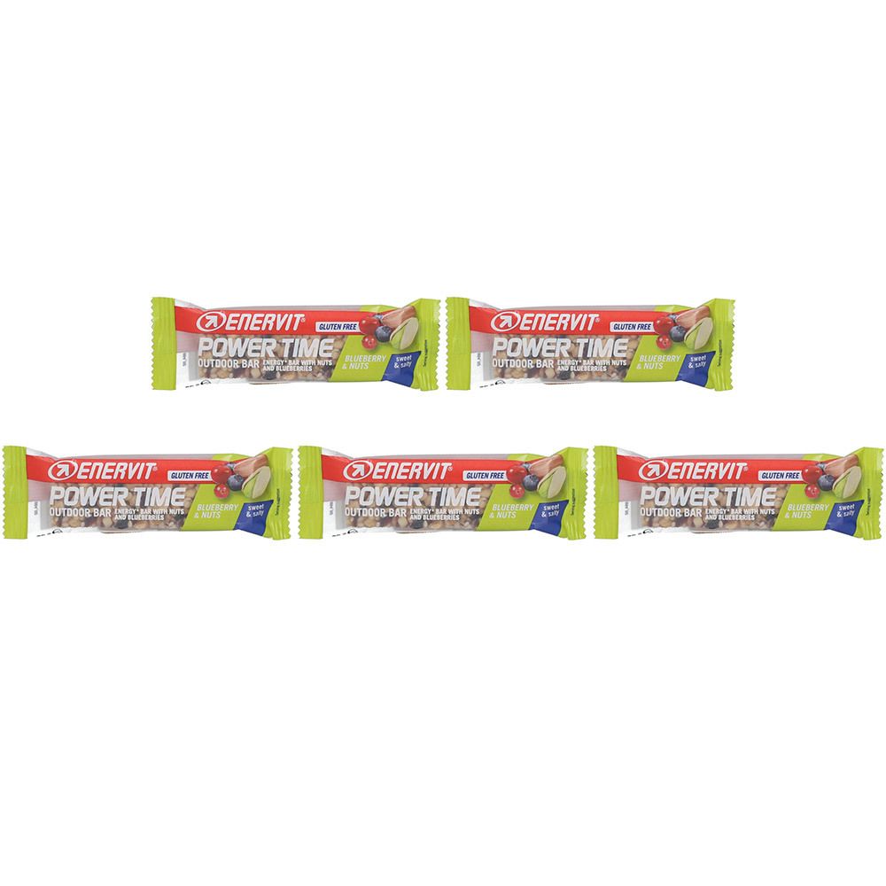 Cinq barres emballées. Inscription: ENERVIT POWER TIME. Sans gluten. Vert, rouge et blanc. Arachidi e Mirtilli.