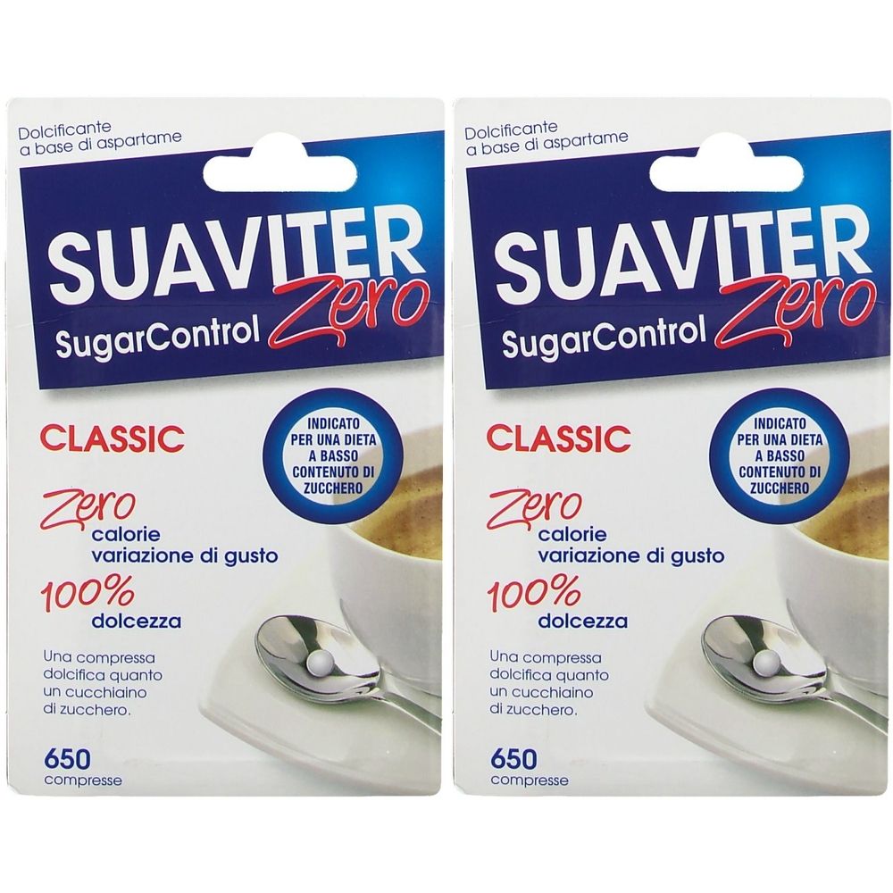 Zwei Packungen Süßstoff. Aufschrift: SUAVITER Zero SugarControl, CLASSIC, Zero Kalorien, 100% Süße. Enthält 650 Tabletten. Indiziert für Diät mit niedrigem Zuckergehalt.