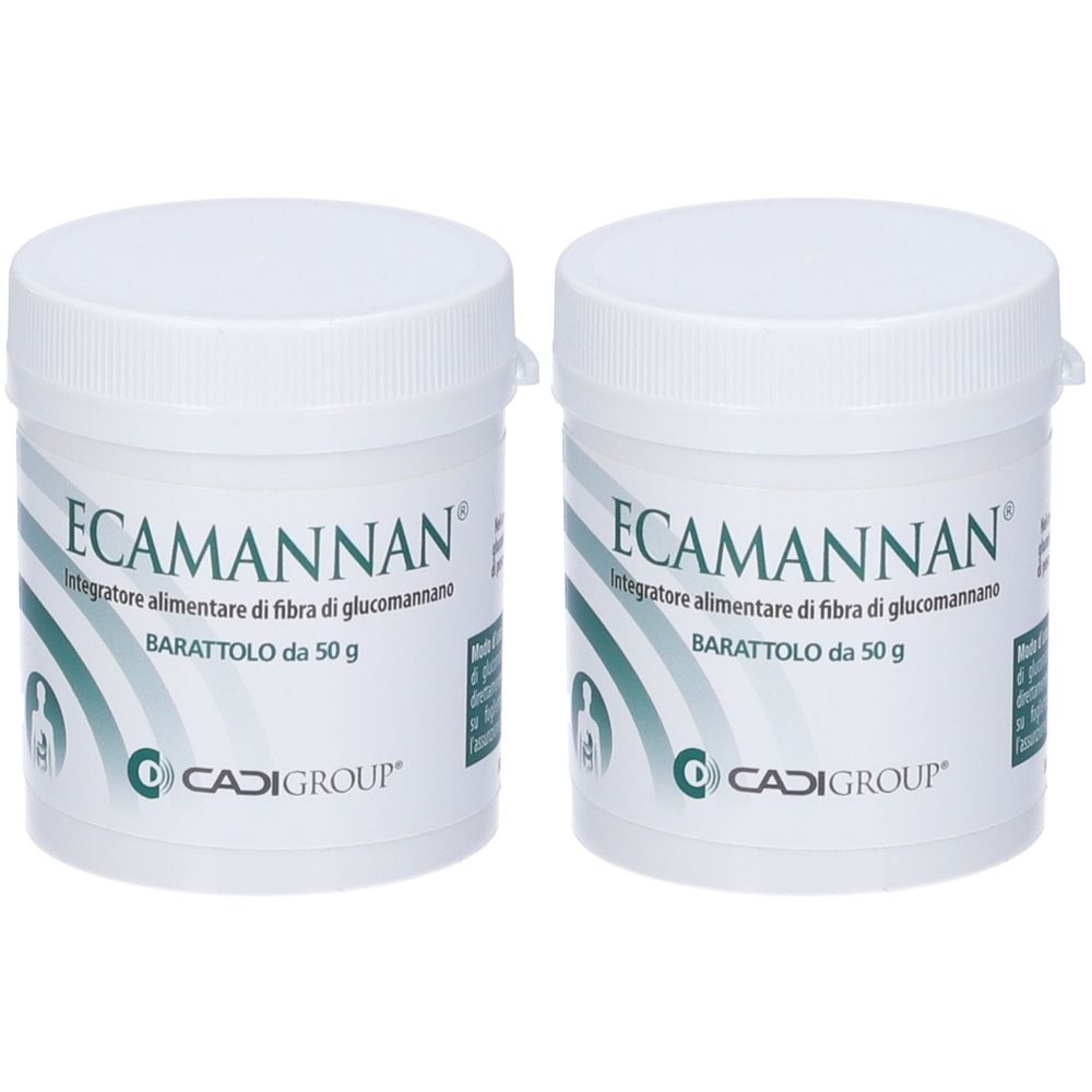 Deux pots blancs avec couvercles. Inscription: ECAMANNAN, complément alimentaire à base de fibres de glucomannane, BARATTOLO da 50 g. Marque: CADIGROUP.