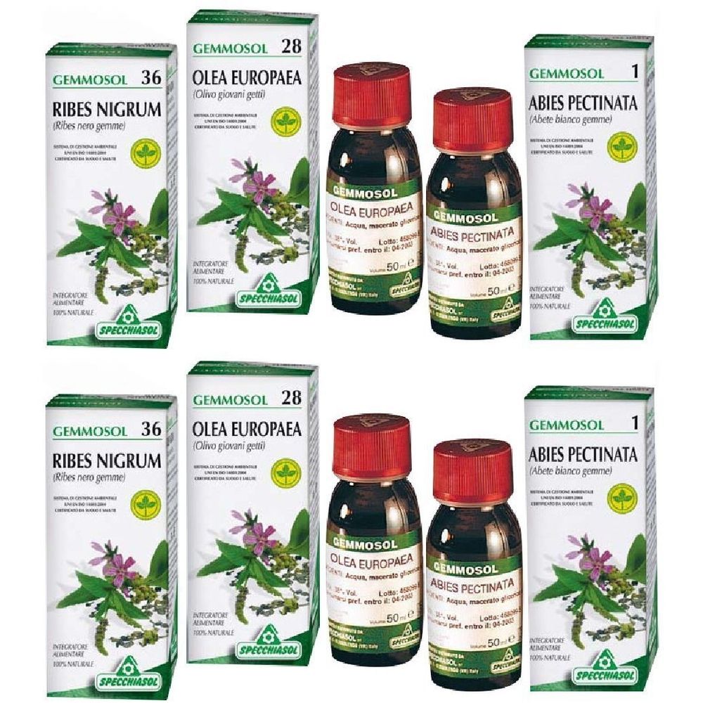 Plusieurs flacons et boîtes. Inscriptions : Gemmosol, Ribes Nigrum, Olea Europaea, Abies Pectinata. Bouchons verts et rouges.