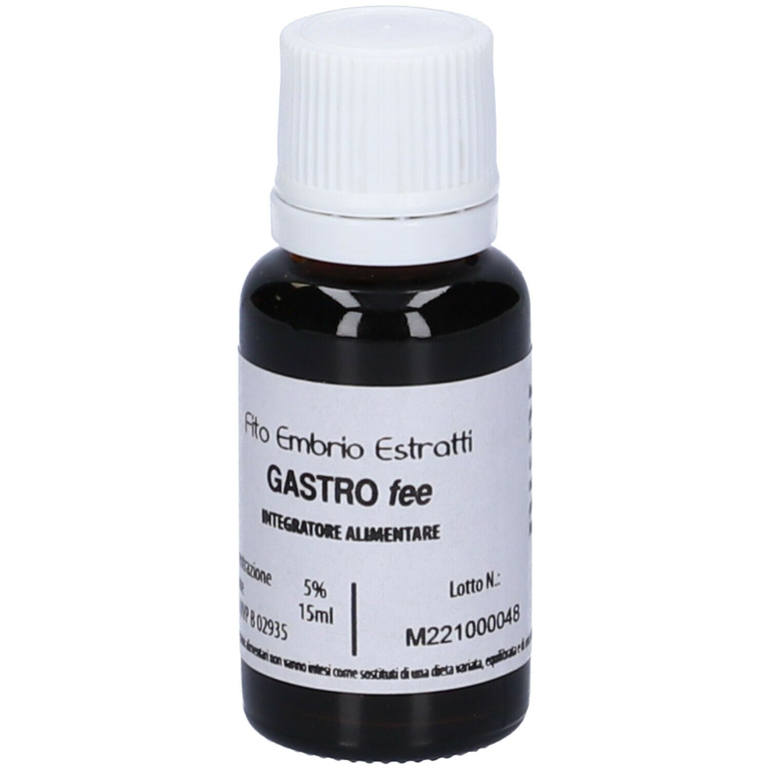 Braune Glasflasche mit weißem Deckel. Etikett mit Text: Gastro fee, 15ml, 5%.