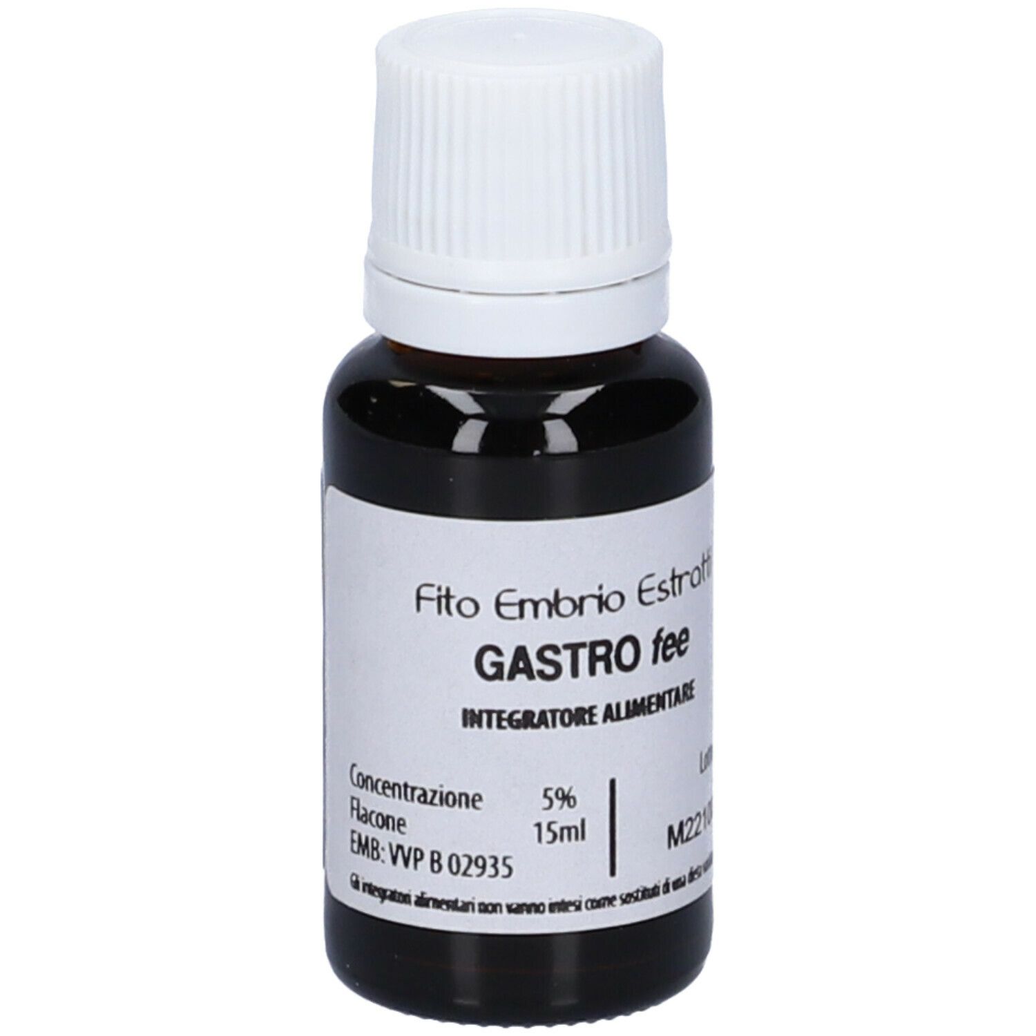 Braune Glasflasche mit weißem Deckel. Etikett mit Text: Gastro fee, 15ml, 5%.
