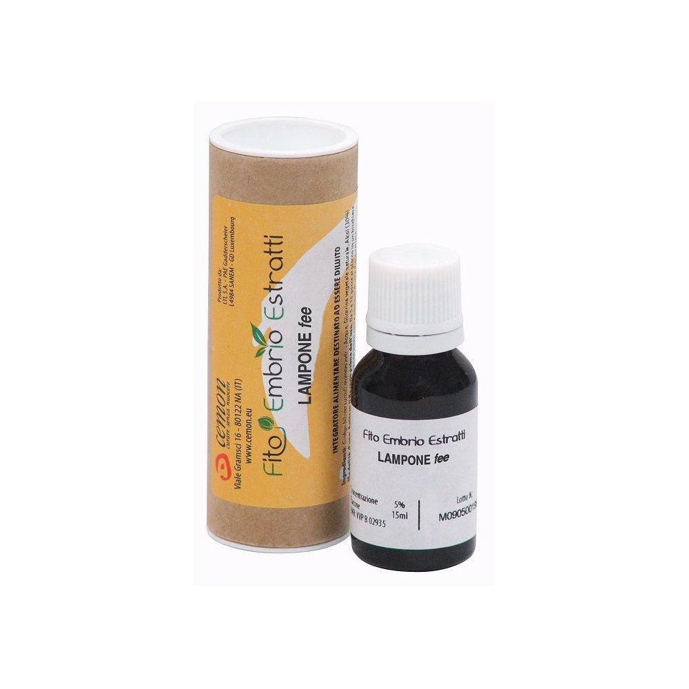 Tube en carton brun et petite bouteille. Inscription : Fito Embryo Estratti, Lampone fee. Bouteille avec bouchon blanc.