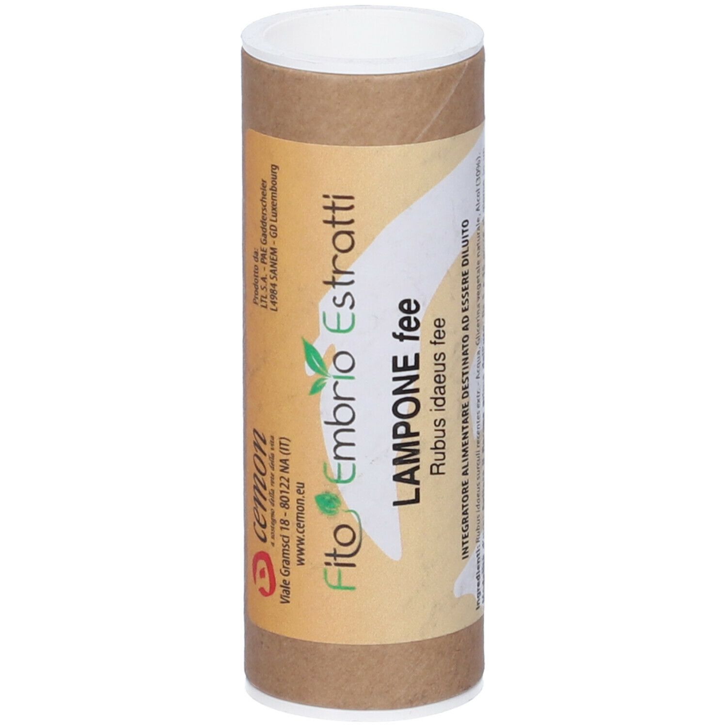 Tube en carton brun avec couvercle blanc. Inscription : Fito Embryo Estratti, Lampone fee. Logo et texte en italien.