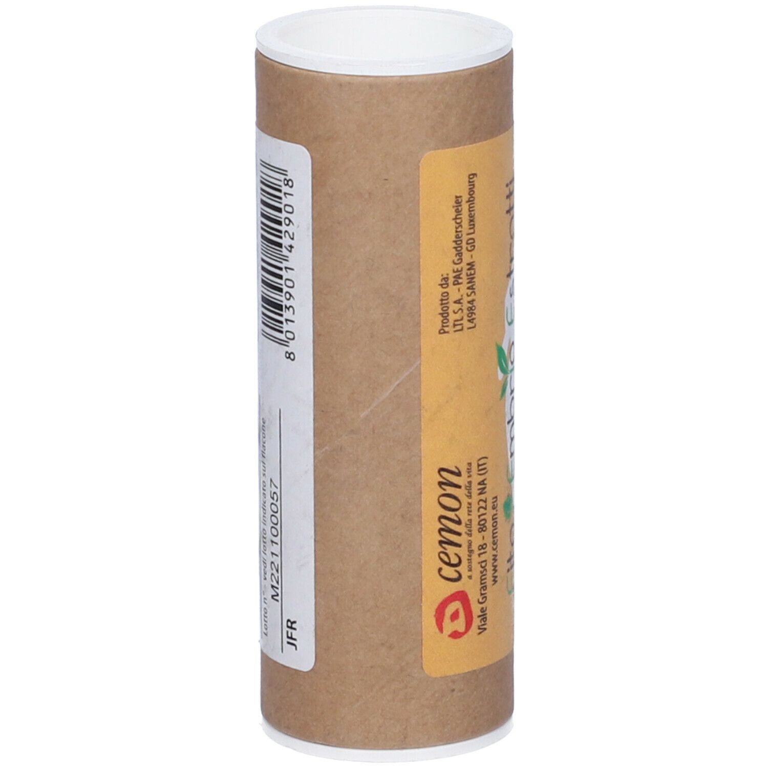 Tube en carton brun avec couvercle blanc. Inscription : Fito Embryo Estratti, Lampone fee. Code-barres et numéro de lot.