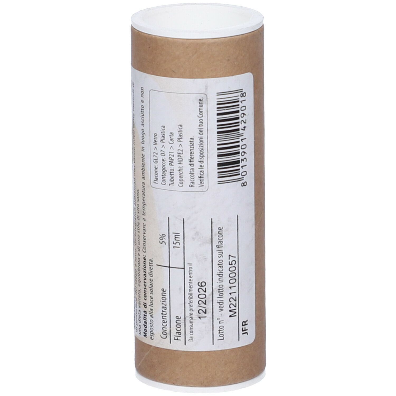 Tube en carton brun avec couvercle blanc. Inscription : Fito Embryo Estratti, Lampone fee. Informations de stockage et concentration.