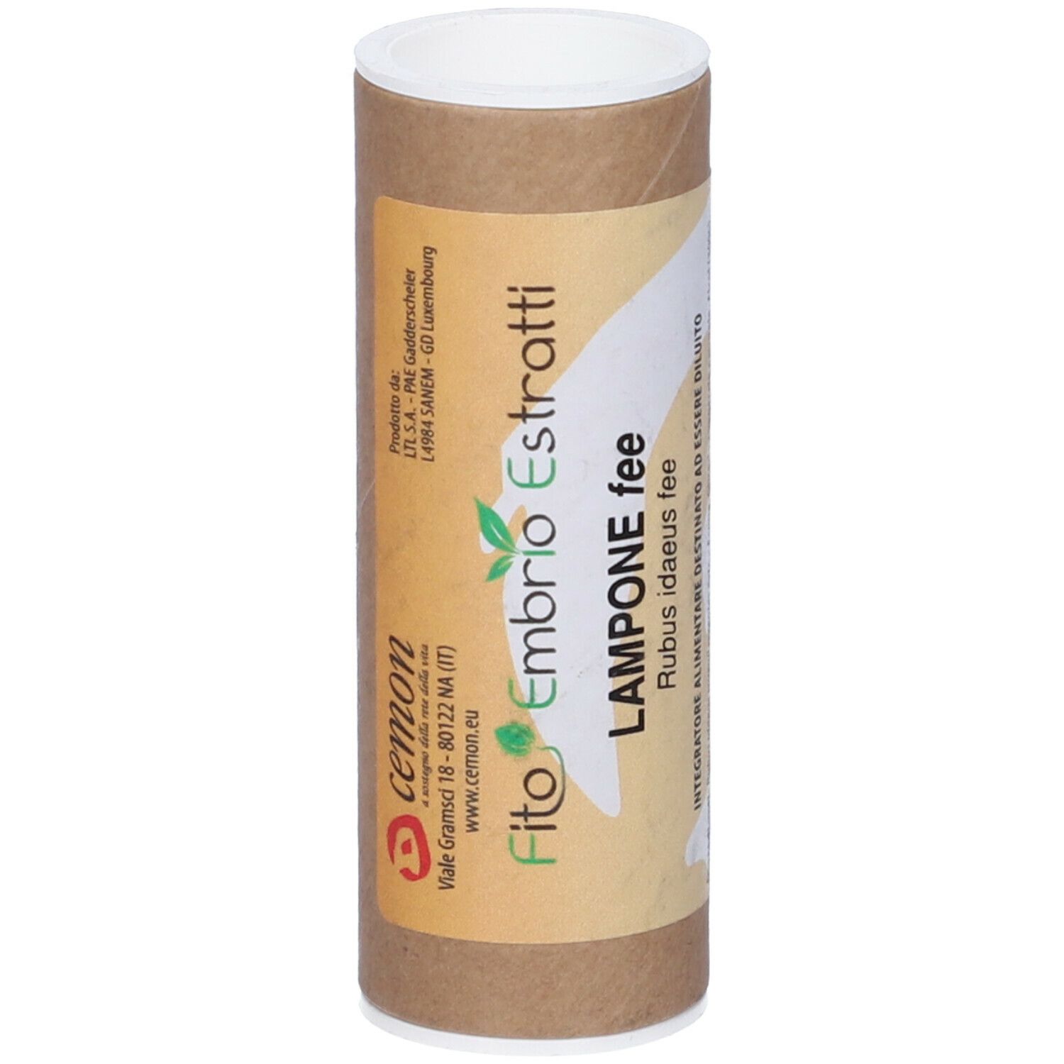 Tube en carton brun avec couvercle blanc. Inscription : Fito Embryo Estratti, Lampone fee. Logo et texte en italien.