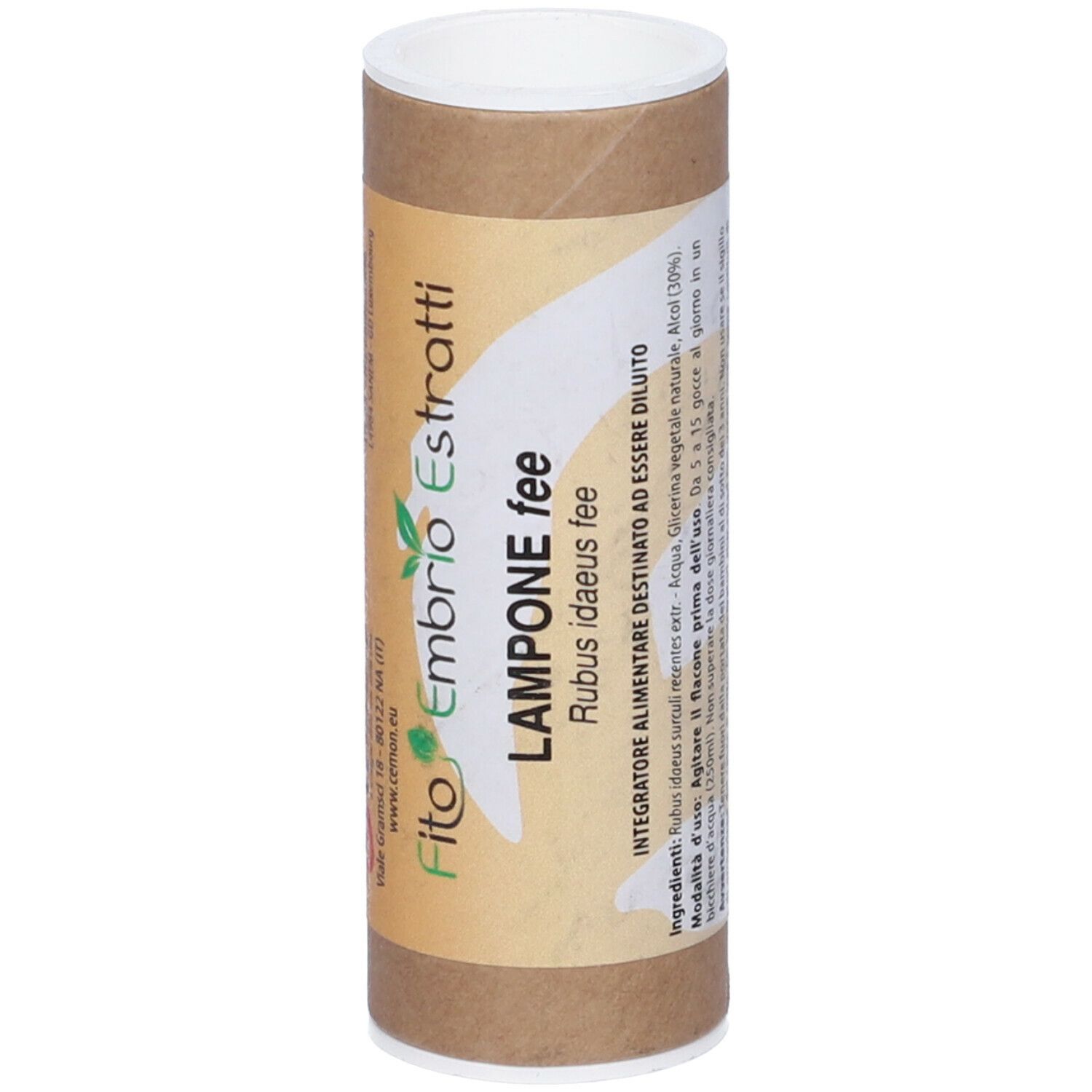 Tube en carton brun avec couvercle blanc. Inscription : Fito Embryo Estratti, Lampone fee. Ingrédients et instructions d'utilisation.