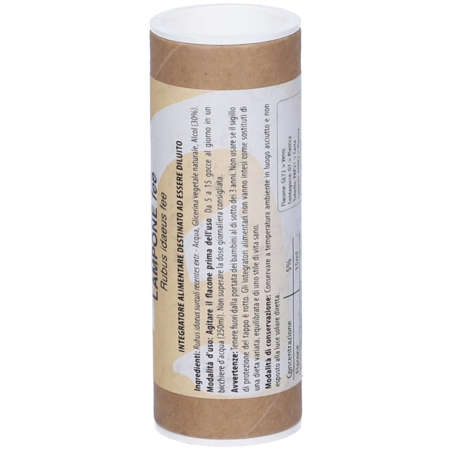 Tube en carton brun avec couvercle blanc. Inscription : Fito Embryo Estratti, Lampone fee. Instructions d'utilisation et avertissements.