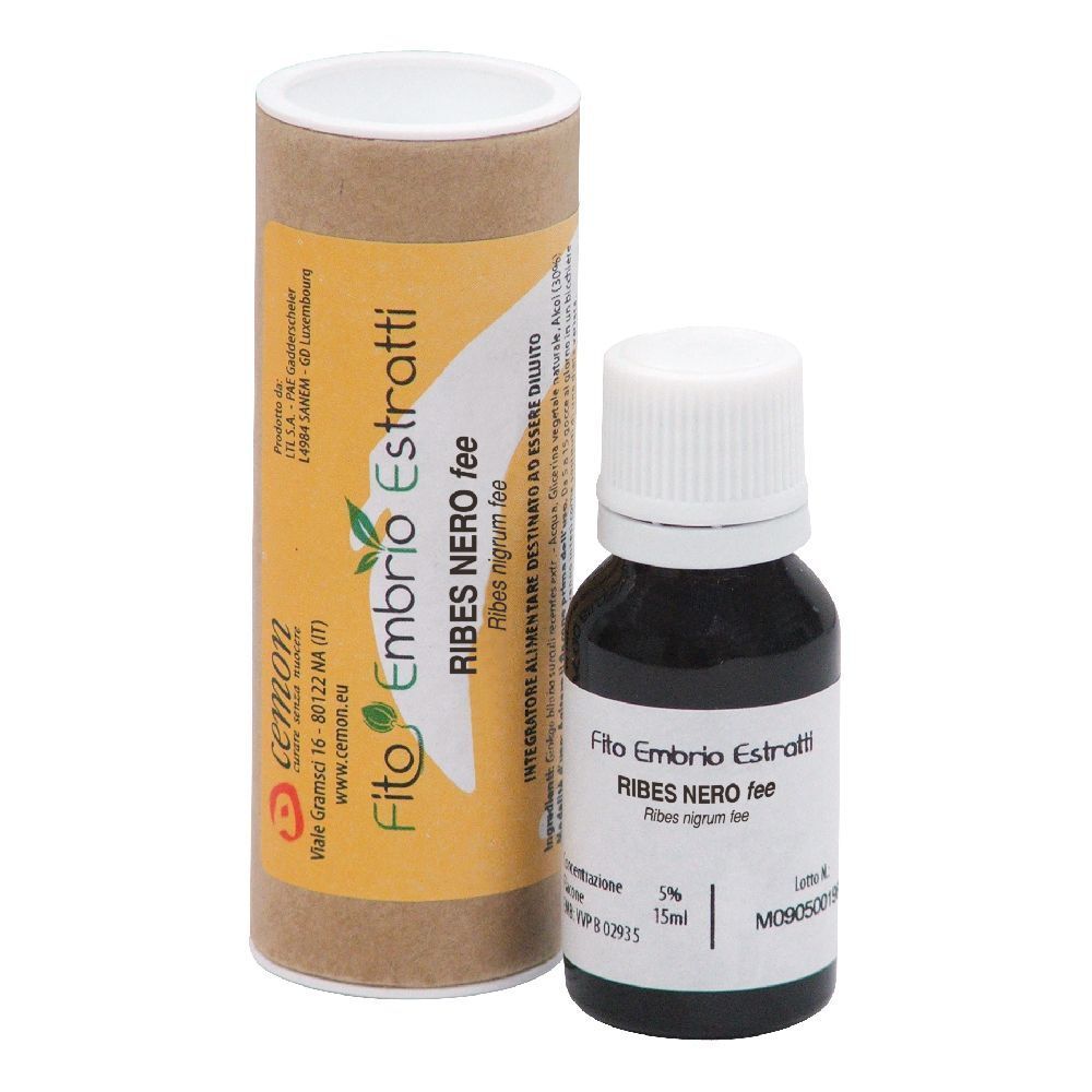 Tube en carton brun et petite bouteille en verre. La bouteille porte l'inscription "Fito Embrio Estratti Ribes Nero fee".